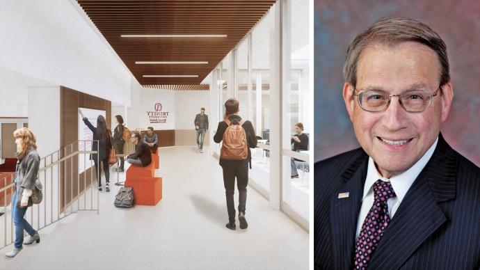 a headshot of Michael Neidorff next to a rendering of the entrance to the Michael F Neidorff School of Business