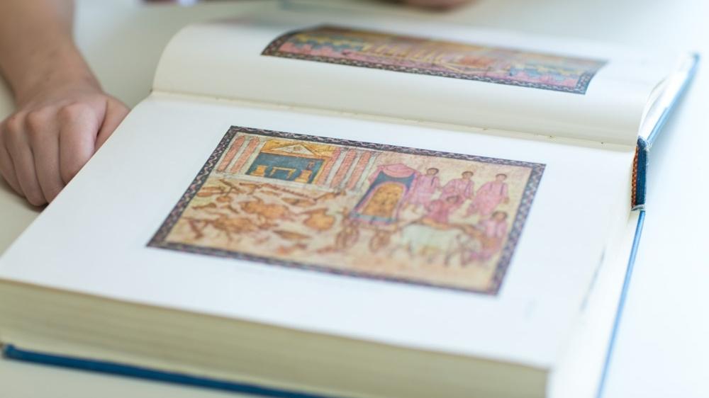 Close up of Jewish graphic images in a novel
