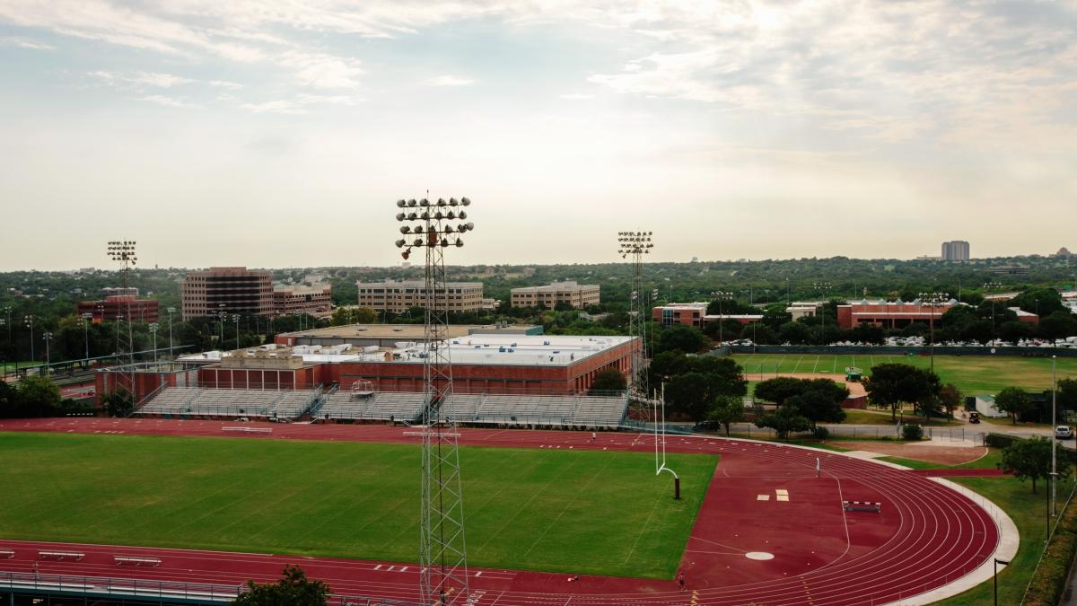Aerial view of the Trinity stadium showing the football field and the runners track.